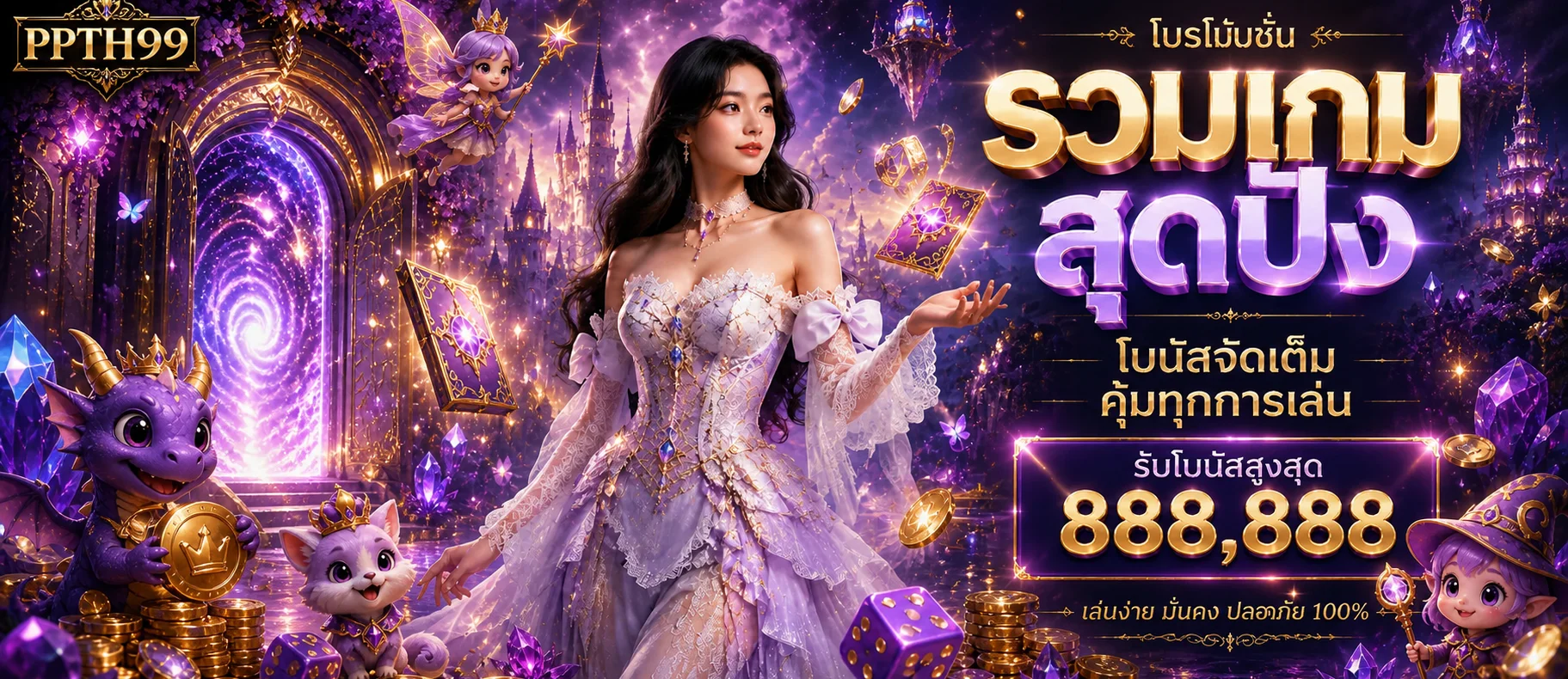 แบนเนอร์โปรโมชั่นและเกมแฟนตาซี PPTH99 โทนม่วงทอง